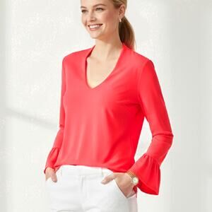 Trina Turk Bright V-neck Neck Long Bell Sleeve Top Size Medium Coral